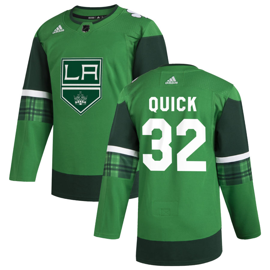 Los Angeles Kings #32 Jonathan Quick Men Adidas 2020 St. Patrick Day Stitched NHL Jersey Green.jpg